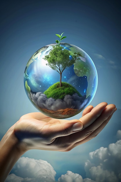 a person holds a globe with trees and clouds in the background