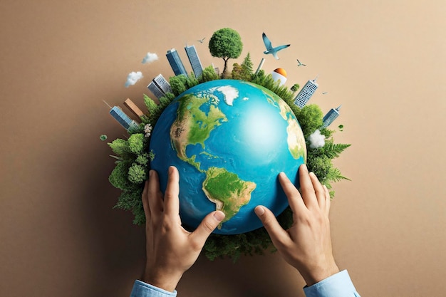 a person holds a globe with the world around it