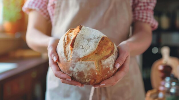 A person holds a golden and rusticlooking loaf of bread fresh from the oven exuding warmth and the joy of homemade baking