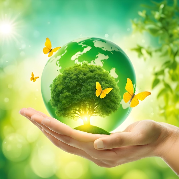 a person holds a green planet with butterflies around it