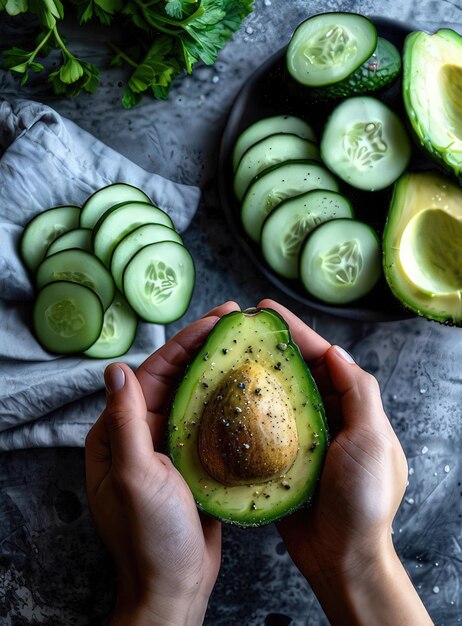 Photo a person holds a half of a avocado with seeds on it