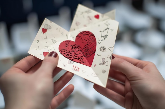 A person holds a heart shaped card with red love symbol