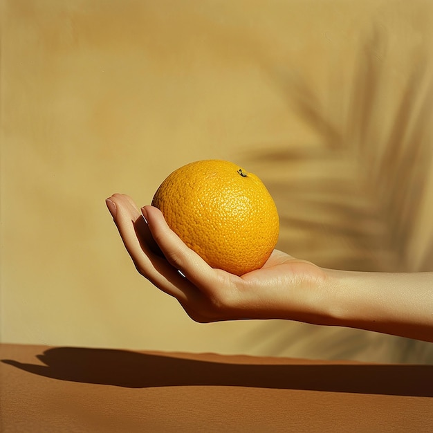 a person holds an orange in front of a wall