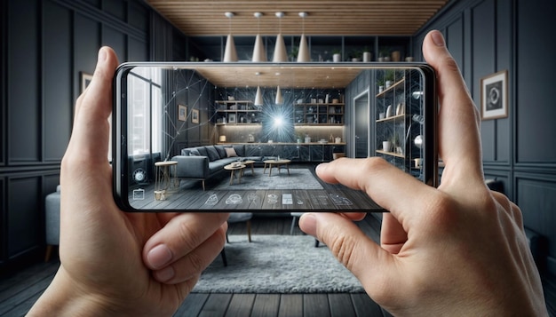 Person holds the phone in his hands and changes the living room with the help of modern technology