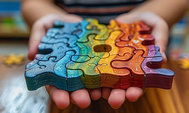 Photo a person holds a piece of puzzle that has the numbers 10 5 9 4 4 4 4 4 4 4 4 4 4 4