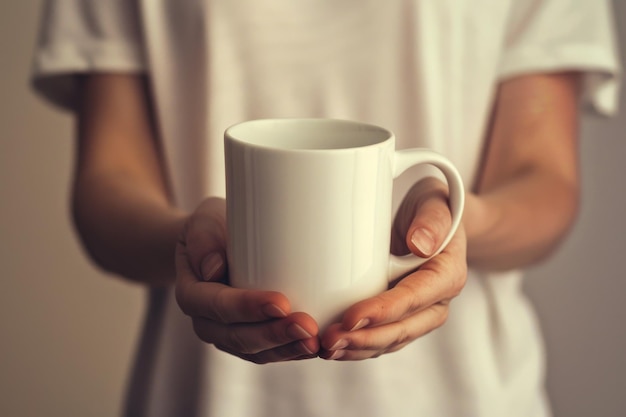 A person holds a plain white mug the light catching the curve of their fingers as they cradle the vessel