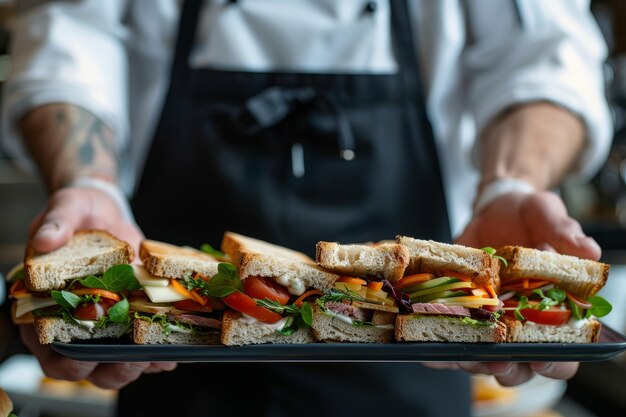 Photo a person holds a plate with a sandwich featuring fresh ingredients