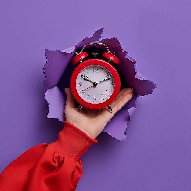 Photo a person holds a red clock that has the numbers 6 and 12 on it