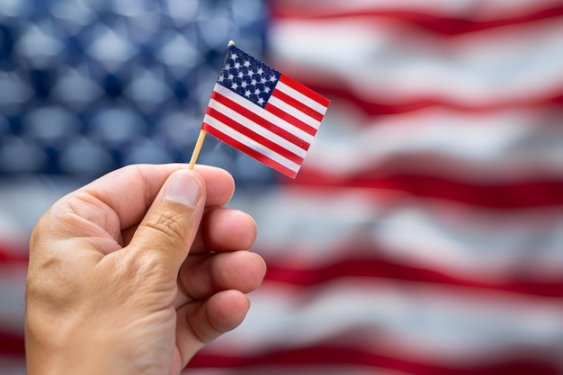 a person holds a small american flag in front of their hand