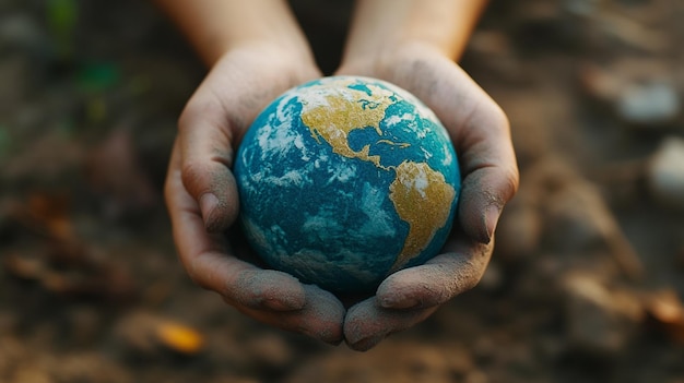 Photo a person holds a small globe surrounded by dirt symbolizing environmental awareness and care