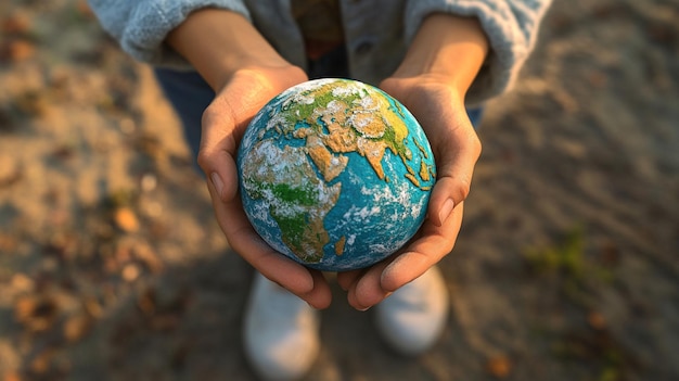 Photo a person holds a small globe in their hands while standing on sandy ground during sunset