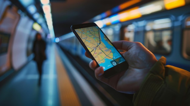 Photo a person holds a smartphone with a navigation app open standing at a subway platform with an approaching train in the distance