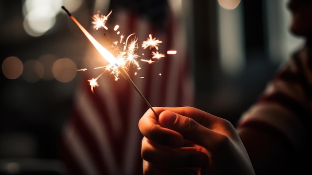 A person holds sparklers in their hands, the american flag is in the background.