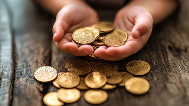 Photo a person holds a stack of gold coins that have the number of the coins on it