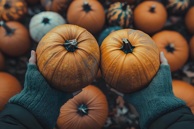 a person holds up a bunch of pumpkins that have been painted with the name of the pumpkins