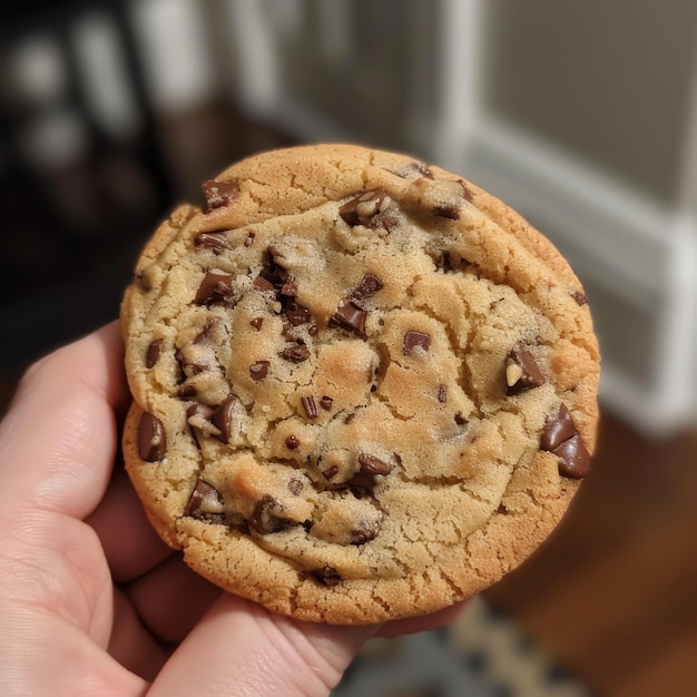 A person holds up a delicious chocolate chip cookie admiring its sweet aroma and gooey texture