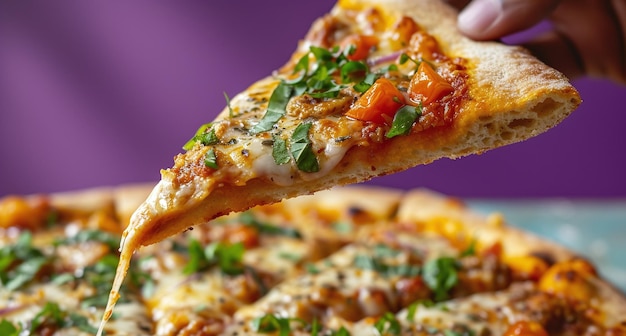 Photo a person holds up a slice of pizza with a purple background