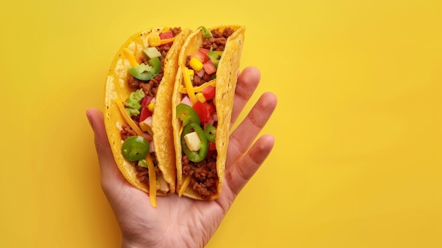 Photo a person holds up tacos and a pair of tortillas