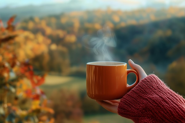 A person holds a warm cup of coffee while enjoying a stunning autumn landscape filled with colorful foliage in the serene outdoors