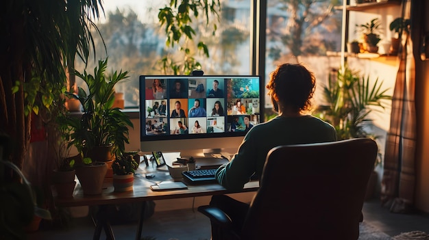 Photo person in home office participating in online meeting