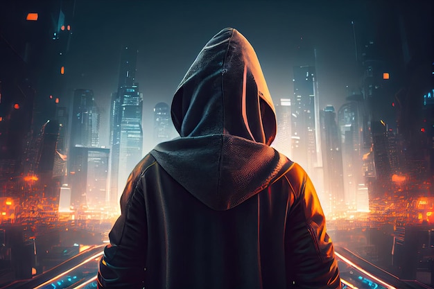 Person in hoodie in city of future cyberpunk backgroundcyber hacker using ai to hack generative ai