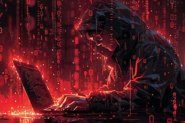 a person in a hoodie with a laptop and a red background with numbers on the bottom