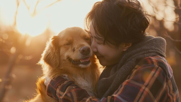 Person Hugging Dog in the Woods