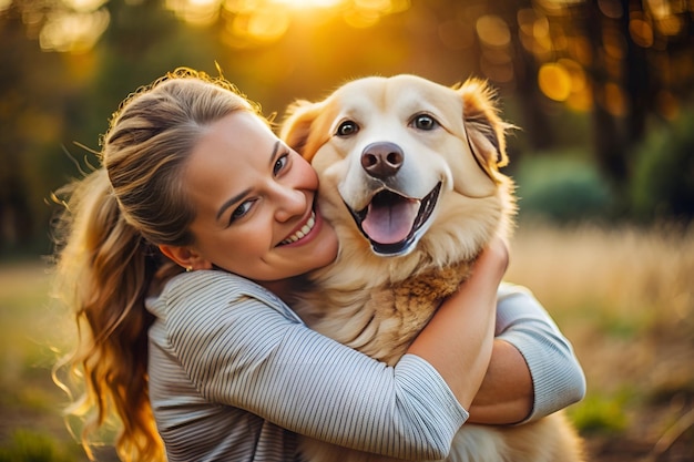 A person hugging their dog both with expressions of pure joy