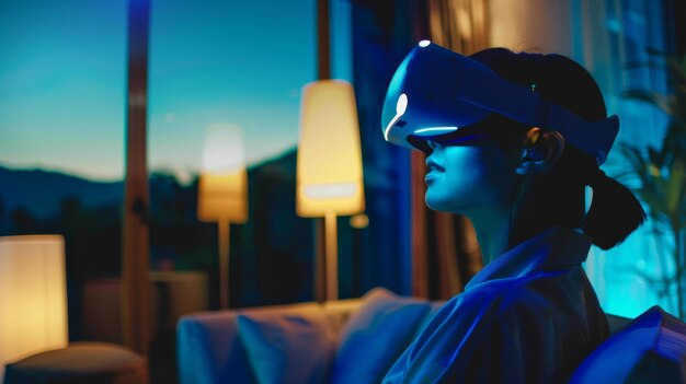 A person immersed in a virtual reality experience wearing a VR headset bathed in cool blue light in a modern ambient room