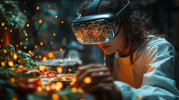 Photo a person immersed in virtual reality while cooking in a modern kitchen during the evening hours