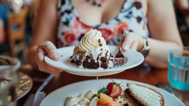 Photo a person indulging in a decadent dessert at a trendy cafe