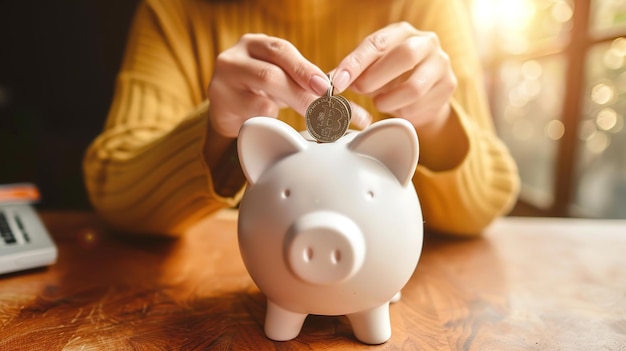 a person inserting coins into a piggy bank