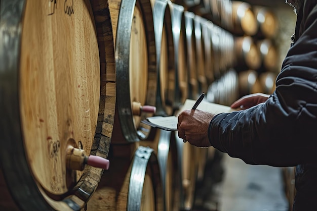 Photo a person inspecting oak barrels in winerys cellar showcasing craftsmanship