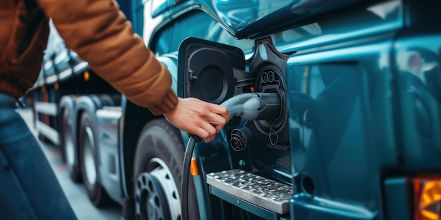 Person installs electric car charger plug connector into big electric truck charging port at modern