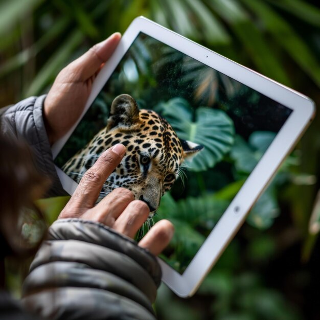 Photo person interacting with a digital tablet showing an image of a leopard in a lush green environment