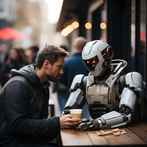 Photo a person interacting with a humanoid robot while sharing a cup of coffee