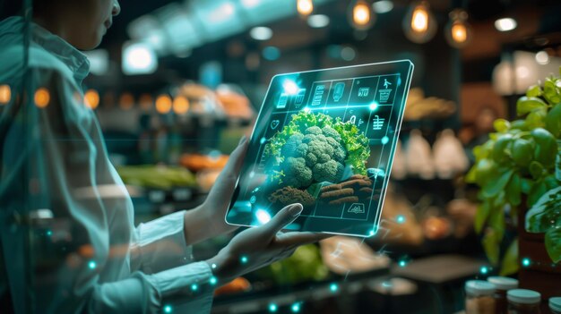 A person interacts with an augmented reality tablet selecting food items in a futuristic setting dem