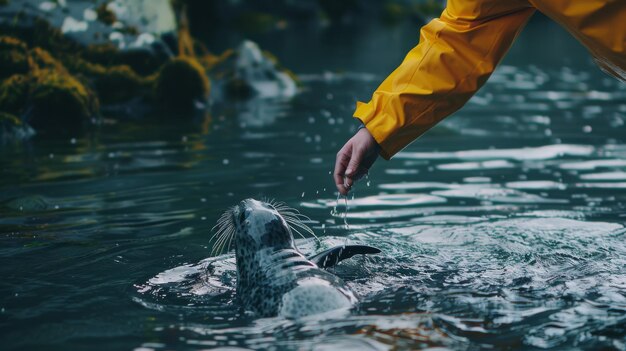 A person interacts with a seal in a tranquil river setting with droplets of water captured in midair showcasing a harmonious scene with nature