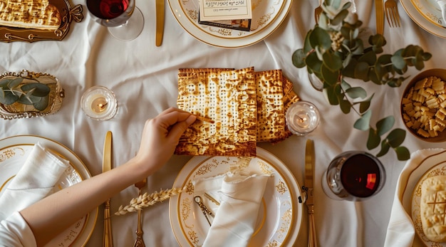 A person is breaking the traditional matzah during the Passover