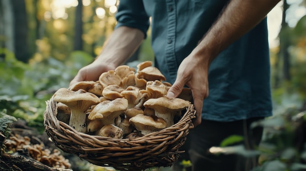 Photo a person is carefully picking fresh mushrooms