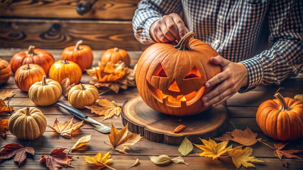 a person is carving a pumpkin on a table with other pumpkins