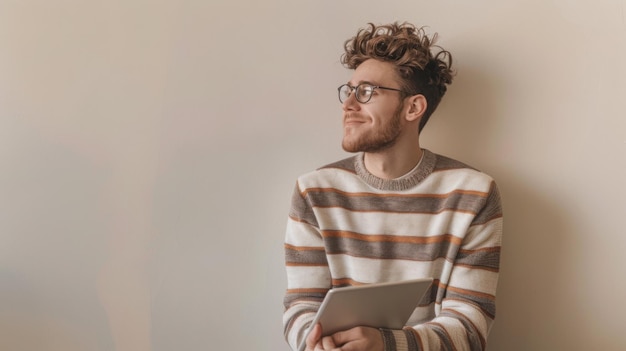 Photo a person is casually leaning against a white wall holding a tablet with a thoughtful smile wearing a striped sweater