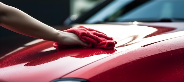 A person is cleaning a red car with a red cloth.