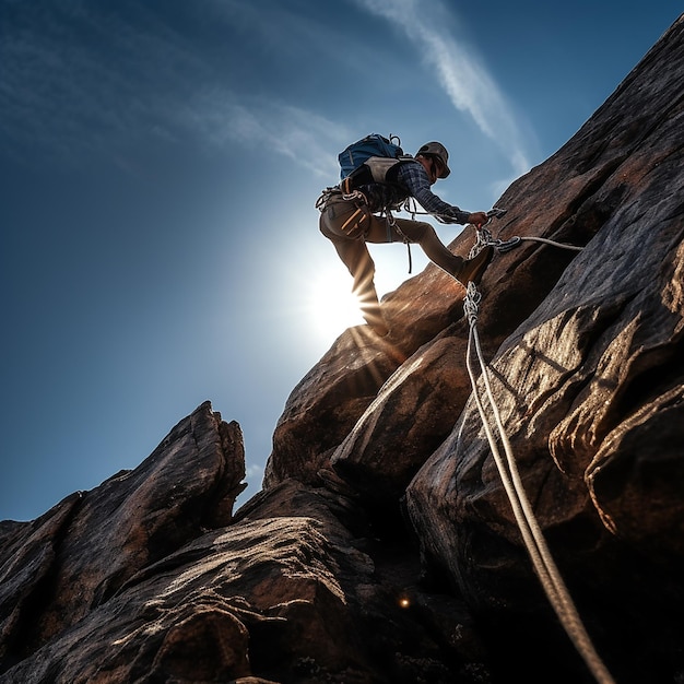 A person is climbing a rock with a rope