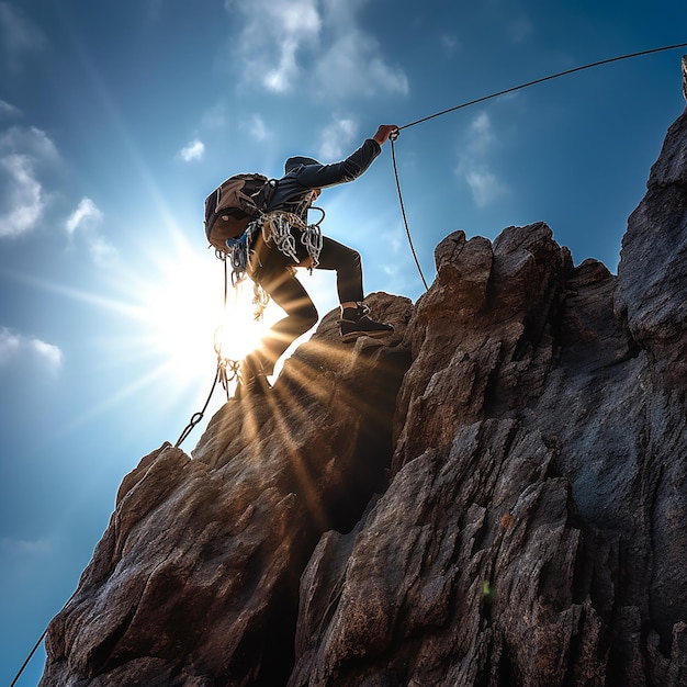 A person is climbing a rock with a rope