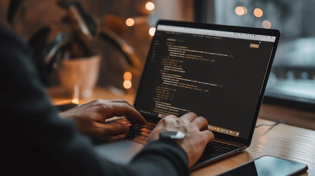 A person is coding on a laptop The laptop is placed on a wooden table