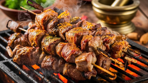 a person is cooking food on a grill with a fire