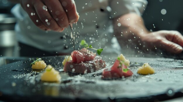 Photo a person is cooking food with a knife and some food on it