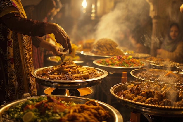 Photo a person is cooking food with many plates of food