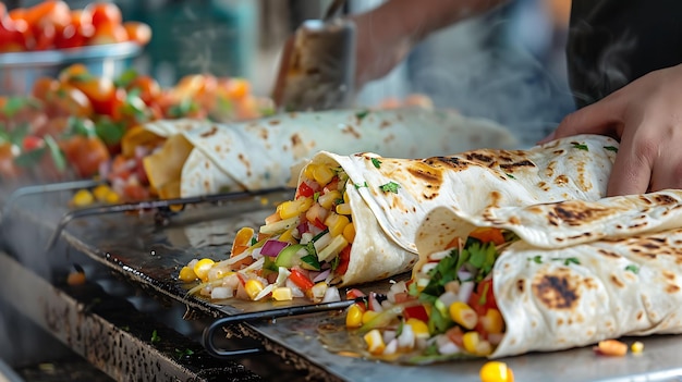 a person is cooking food with many tacos on them